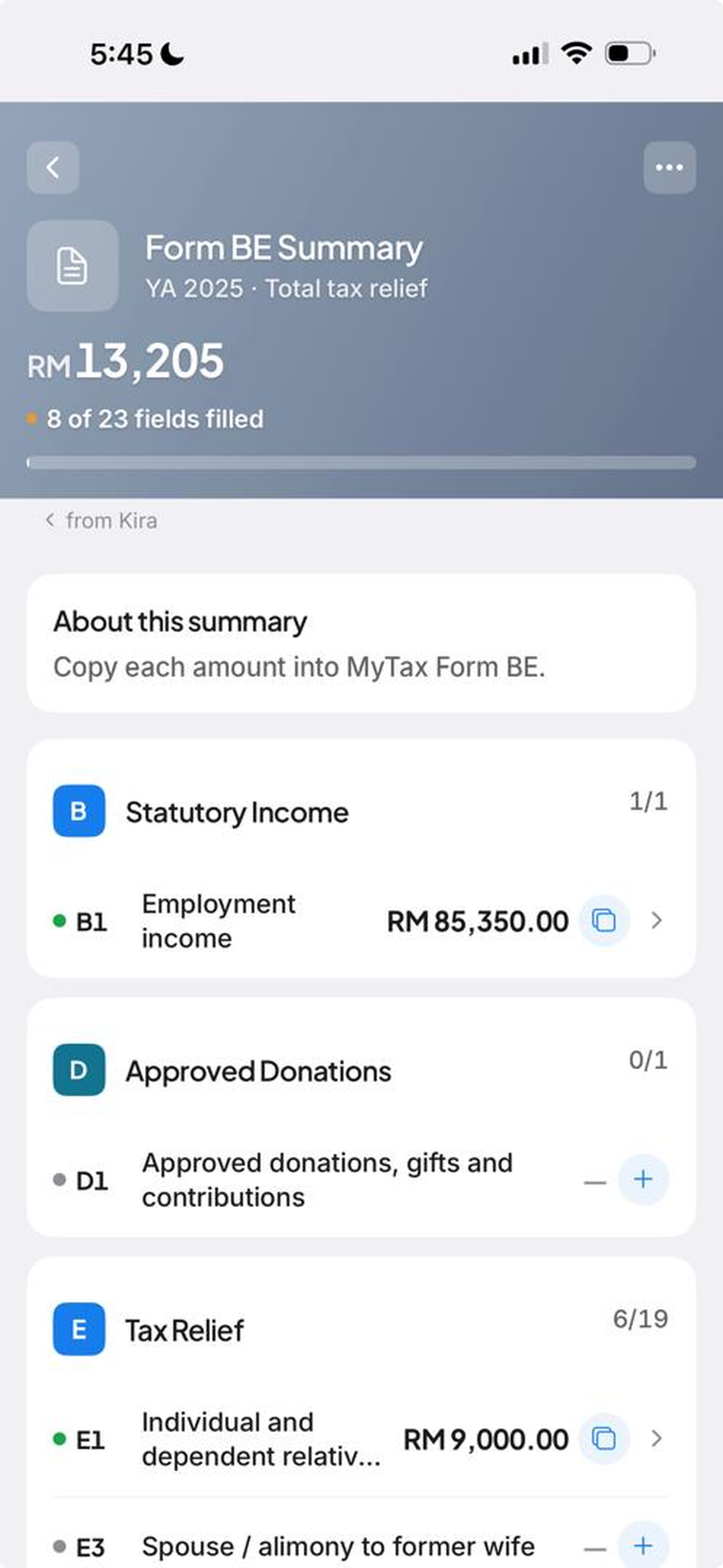 Form BE summary ready to copy into MyTax