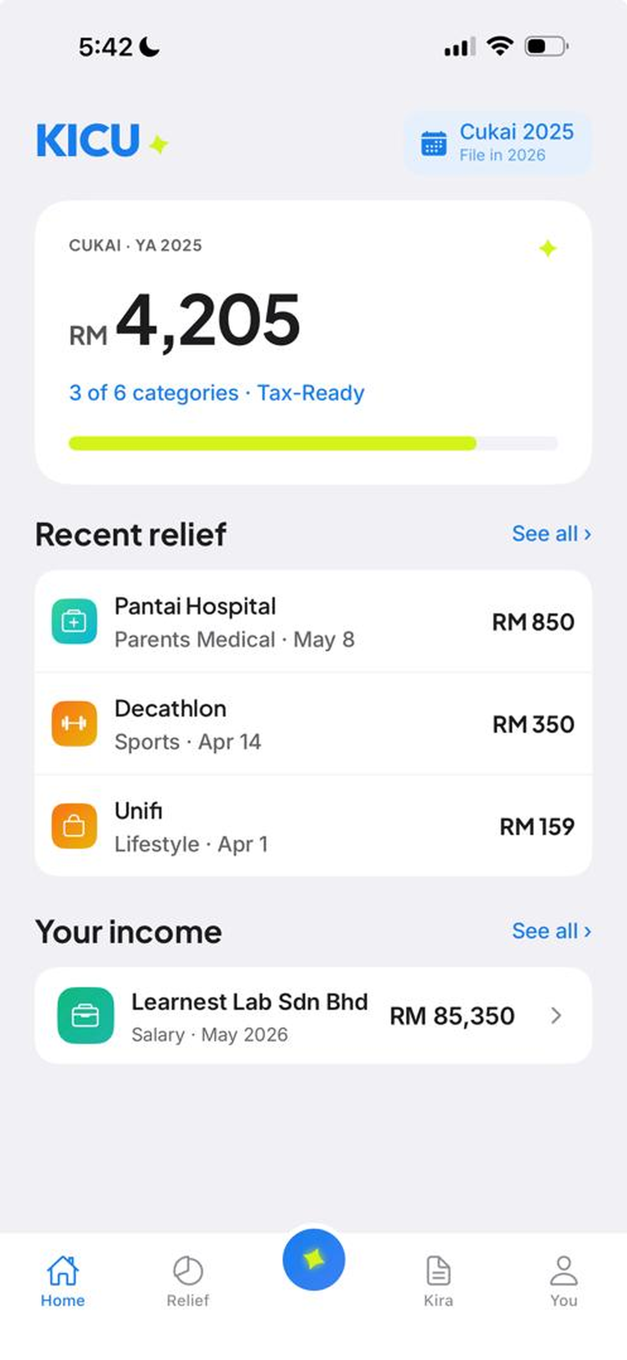 KICU home screen showing tax relief tracked for the year