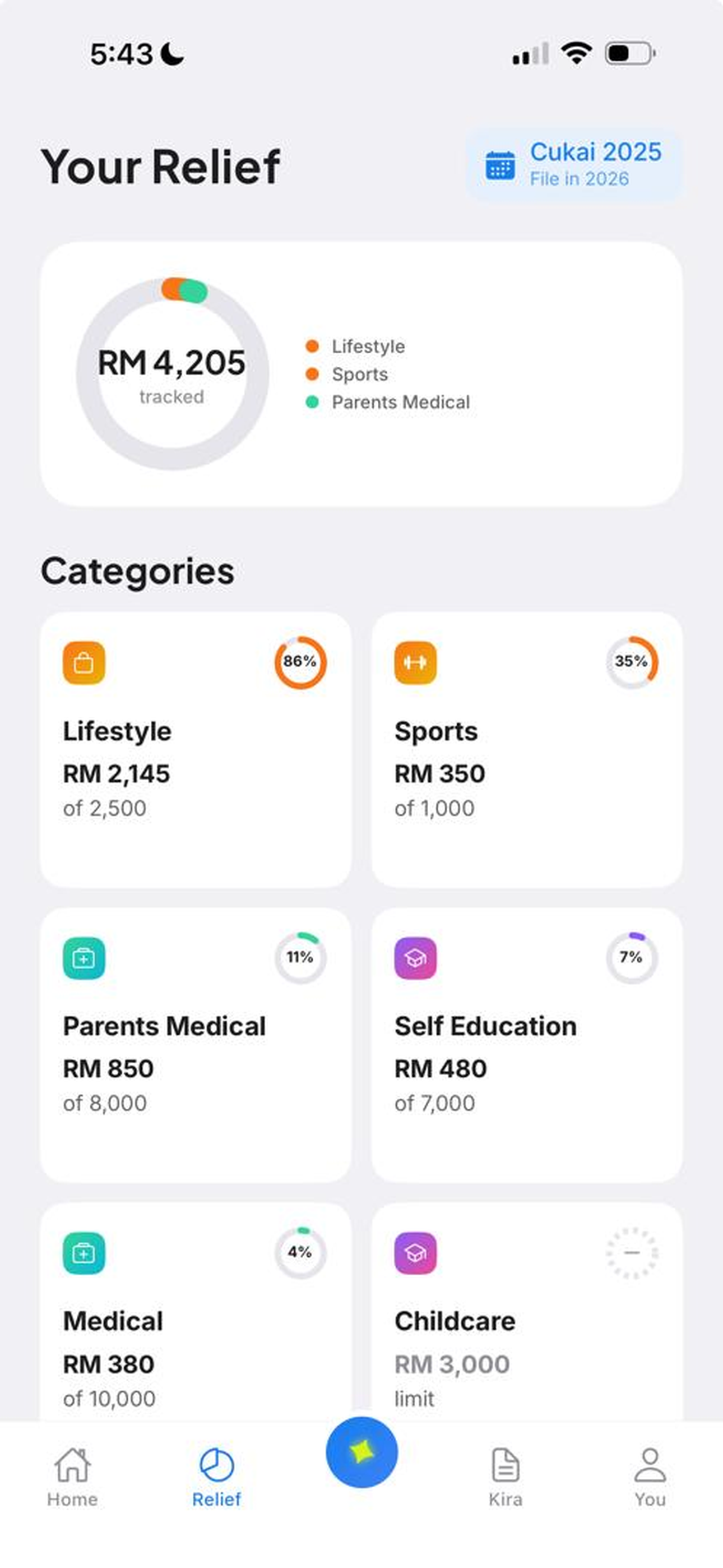 Relief categories with live progress against each limit
